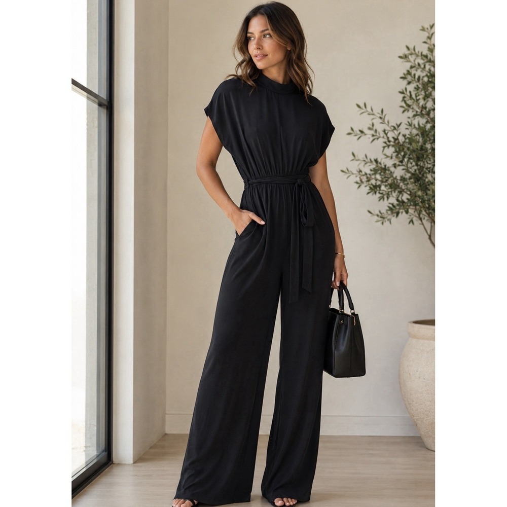Banana Republic Black Wide Leg Jumpsuit Womens Sz XS Petite Belted Black Tie NWT